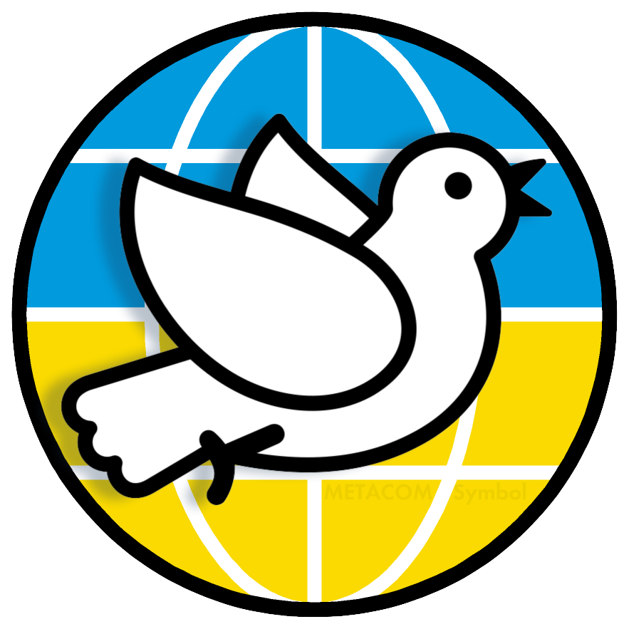 Das Bild zeigt ein MetaCom-Sybole für Frieden in der Ukraine. Eine weiße Tabe vor einem blau-gelben Globus.