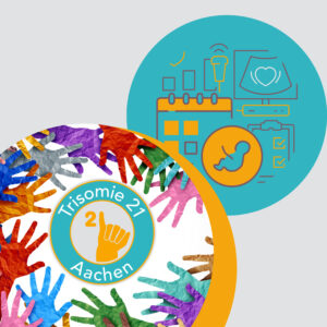 Das Logo zeigt das Logo von Trisomie21-aachen umgeben von bunten handen in einem orangen Kreis in der linken unter Ecke. Links oben in einem Kreis sieht man ein Icon mit Fötus, Ultraschal und Kalender.